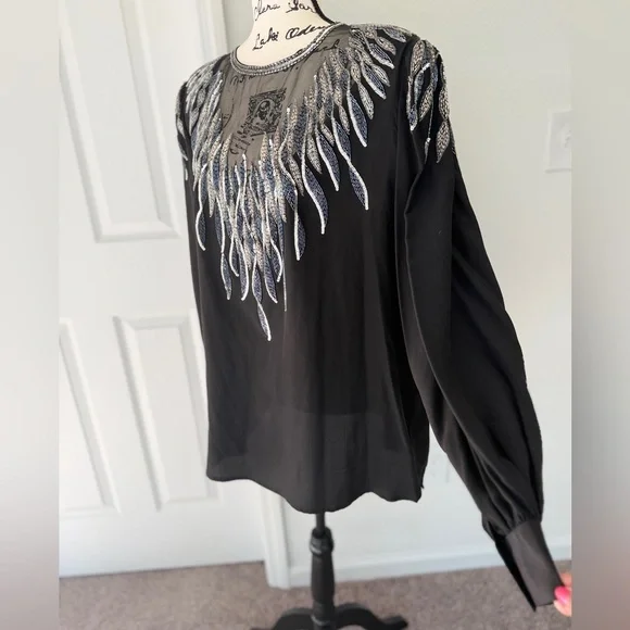 Vtg 90’s Argenti Blouse Mesh 100%Silk Beaded Black Embellished Sz 3XL Whimsigoth - Picture 4 of 16